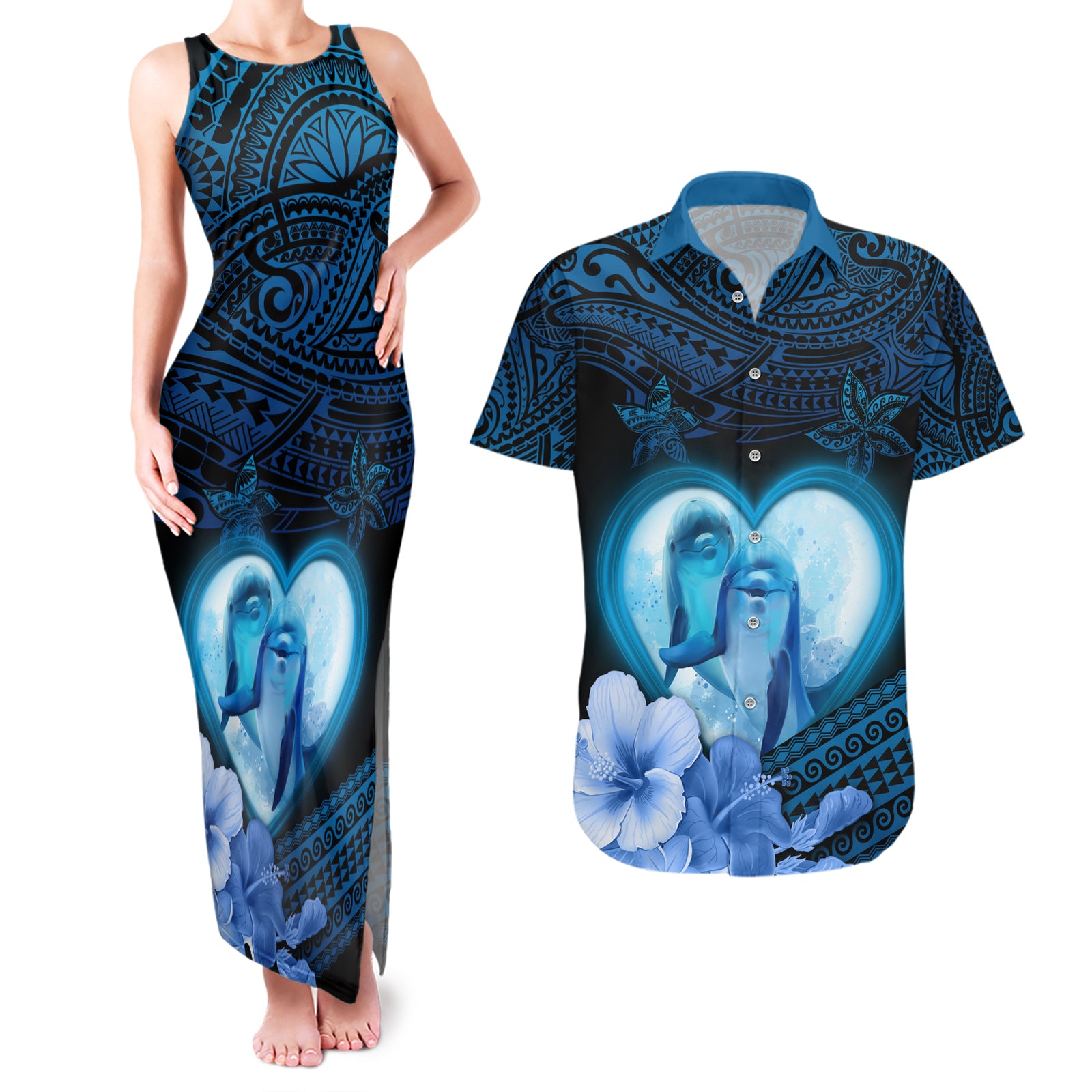 Dolphin Couple Love Story Valentine Day Couples Matching Tank Maxi Dress and Hawaiian Shirt With Polynesian Tribal Tattoo Blue Style LT03 Blue - Polynesian Pride