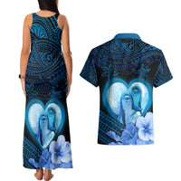 Dolphin Couple Love Story Valentine Day Couples Matching Tank Maxi Dress and Hawaiian Shirt With Polynesian Tribal Tattoo Blue Style LT03 - Polynesian Pride