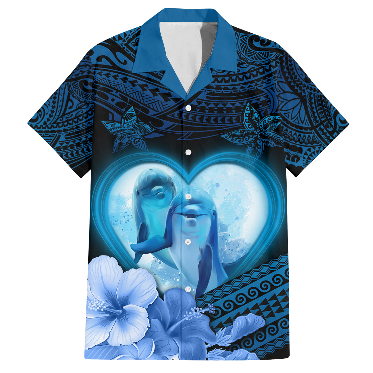 Dolphin Couple Love Story Valentine Day Family Matching Puletasi and Hawaiian Shirt With Polynesian Tribal Tattoo Blue Style LT03 Dad's Shirt - Short Sleeve Blue - Polynesian Pride
