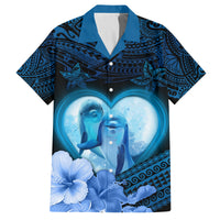 Dolphin Couple Love Story Valentine Day Family Matching Puletasi and Hawaiian Shirt With Polynesian Tribal Tattoo Blue Style LT03 Dad's Shirt - Short Sleeve Blue - Polynesian Pride