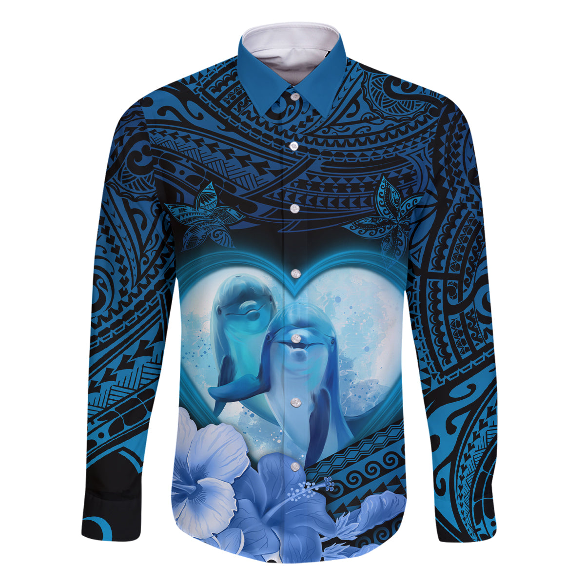 Dolphin Couple Love Story Valentine Day Family Matching Summer Maxi Dress and Hawaiian Shirt With Polynesian Tribal Tattoo Blue Style LT03 Dad's Shirt - Long Sleeve Blue - Polynesian Pride