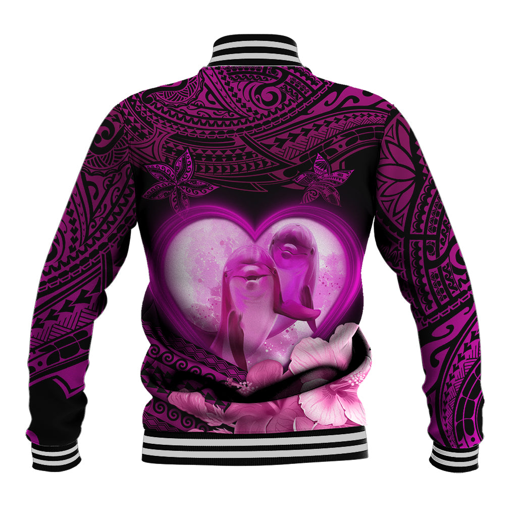 Dolphin Couple Love Story Valentine Day Baseball Jacket With Polynesian Tribal Tattoo Pink Style LT03 - Polynesian Pride