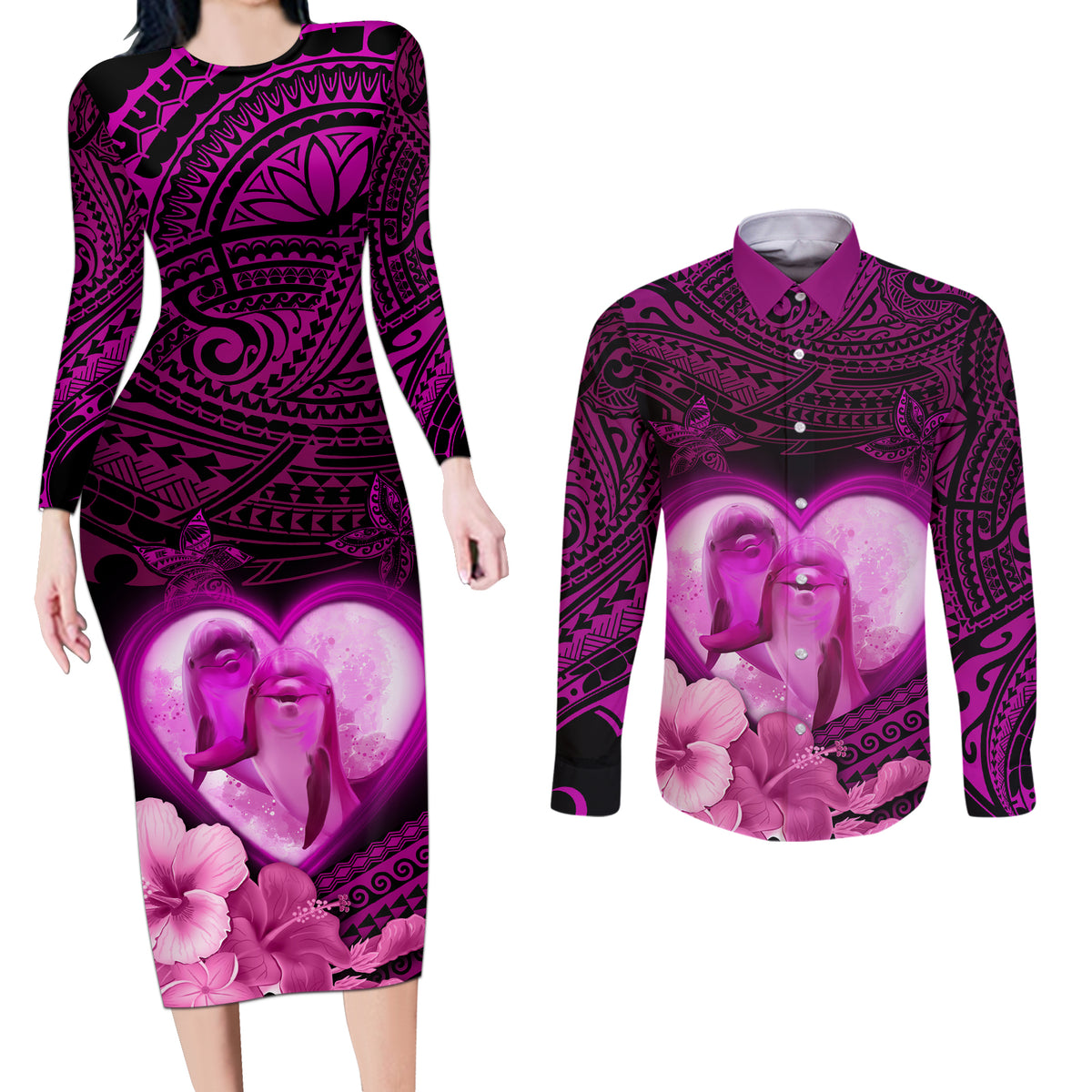 Dolphin Couple Love Story Valentine Day Couples Matching Long Sleeve Bodycon Dress and Long Sleeve Button Shirt With Polynesian Tribal Tattoo Pink Style LT03 Pink - Polynesian Pride