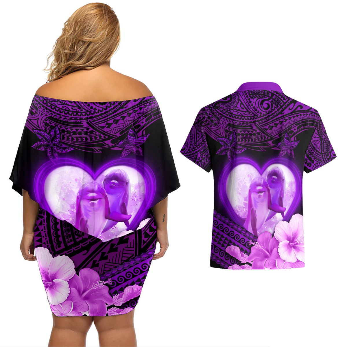Dolphin Couple Love Story Valentine Day Couples Matching Off Shoulder Short Dress and Hawaiian Shirt With Polynesian Tribal Tattoo Purple Style LT03 - Polynesian Pride