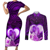 Dolphin Couple Love Story Valentine Day Couples Matching Short Sleeve Bodycon Dress and Long Sleeve Button Shirt With Polynesian Tribal Tattoo Purple Style LT03 Purple - Polynesian Pride