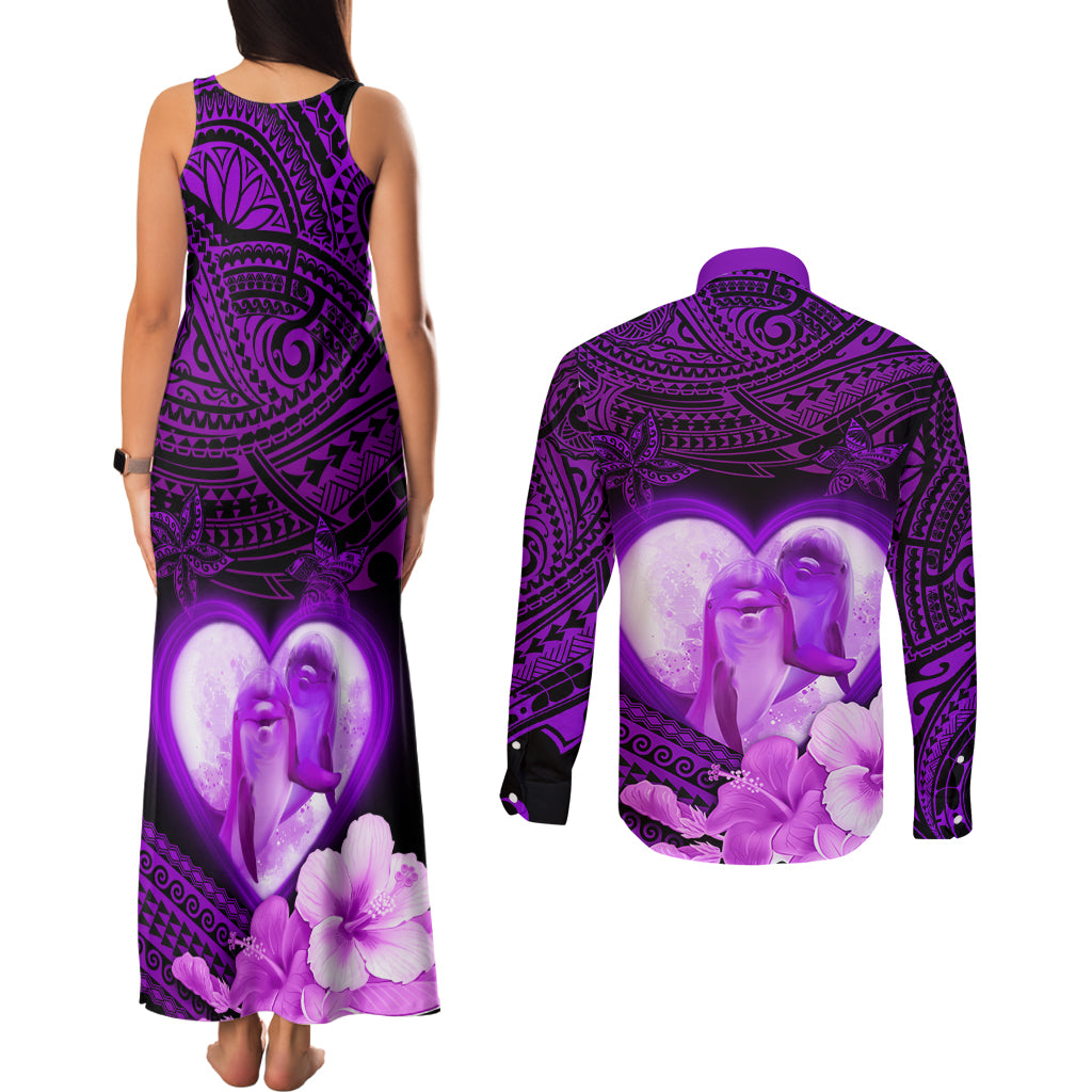 Dolphin Couple Love Story Valentine Day Couples Matching Tank Maxi Dress and Long Sleeve Button Shirt With Polynesian Tribal Tattoo Purple Style LT03 - Polynesian Pride