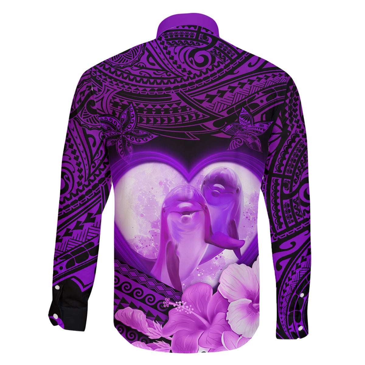 Dolphin Couple Love Story Valentine Day Family Matching Off Shoulder Short Dress and Hawaiian Shirt With Polynesian Tribal Tattoo Purple Style LT03 - Polynesian Pride