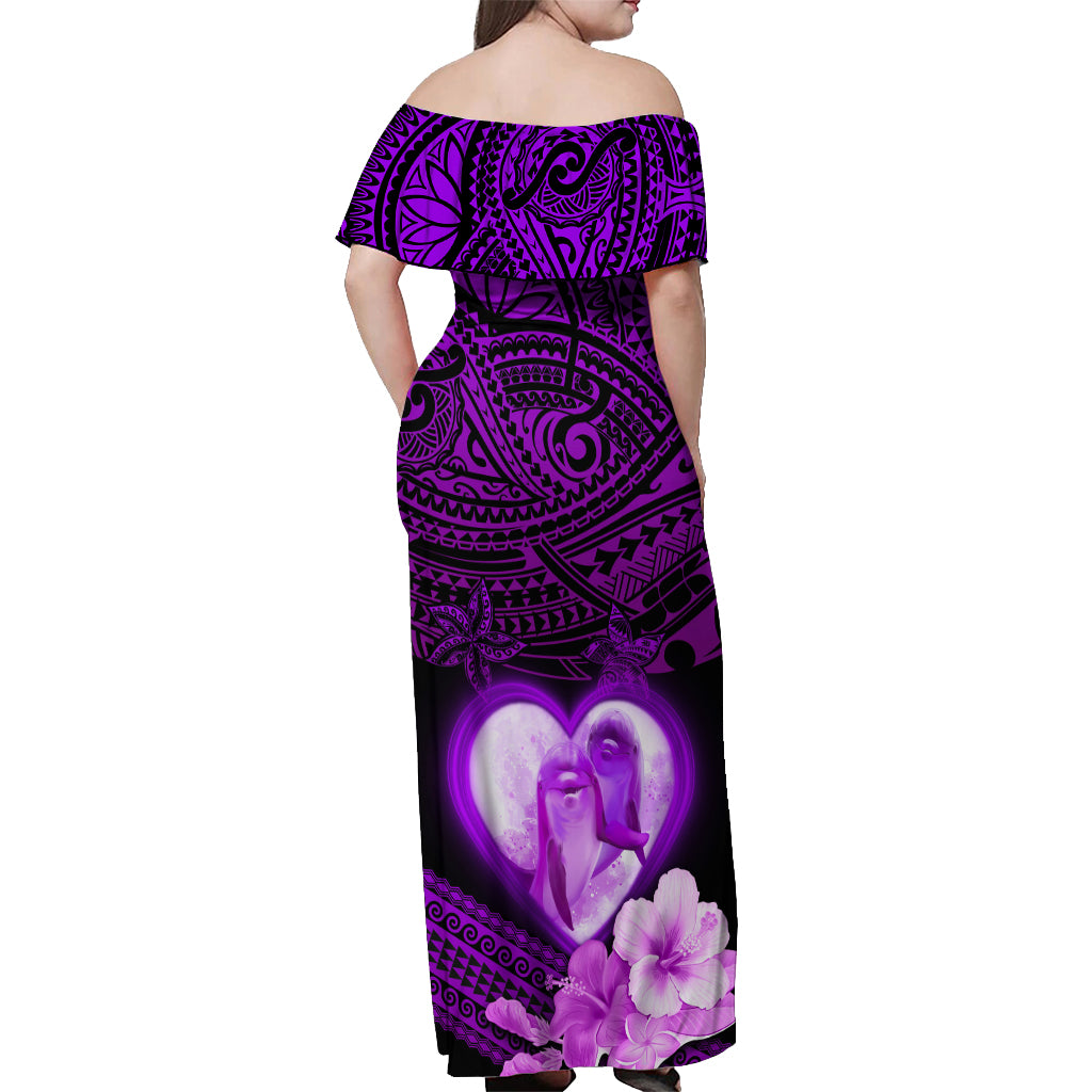 Dolphin Couple Love Story Valentine Day Off Shoulder Maxi Dress With Polynesian Tribal Tattoo Purple Style LT03 - Polynesian Pride