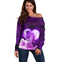 Dolphin Couple Love Story Valentine Day Off Shoulder Sweater With Polynesian Tribal Tattoo Purple Style LT03 Women Purple - Polynesian Pride