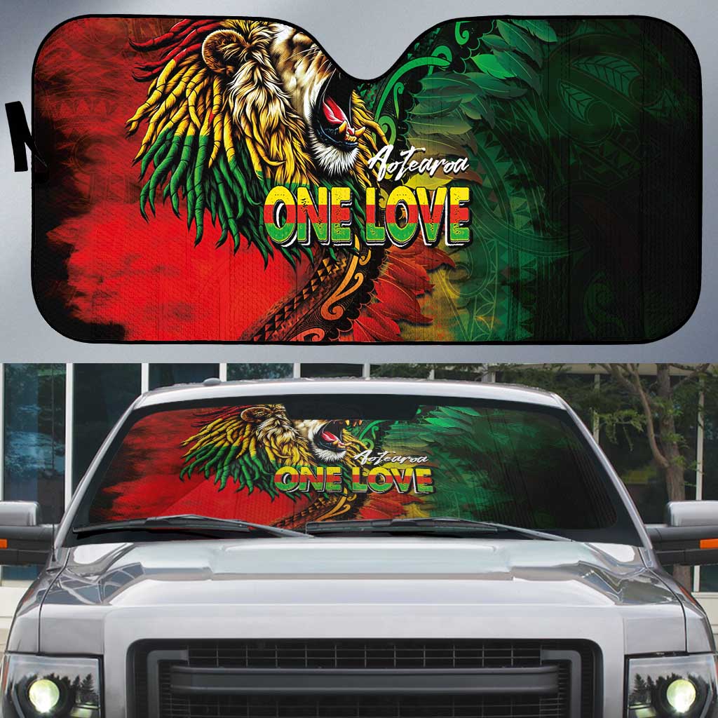 Aotearoa One Love Auto Sun Shade Reggae Lion with Kakahu Huruhuru