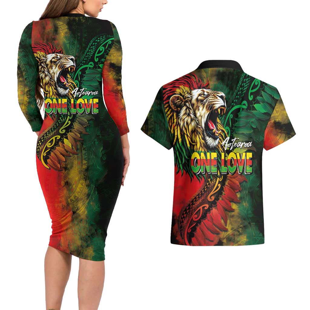 Aotearoa One Love Couples Matching Long Sleeve Bodycon Dress and Hawaiian Shirt Reggae Lion with Kakahu Huruhuru LT03 - Polynesian Pride