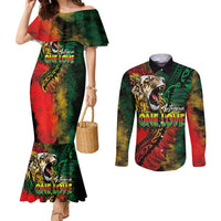 Aotearoa One Love Couples Matching Mermaid Dress and Long Sleeve Button Shirt Reggae Lion with Kakahu Huruhuru LT03 Black - Polynesian Pride