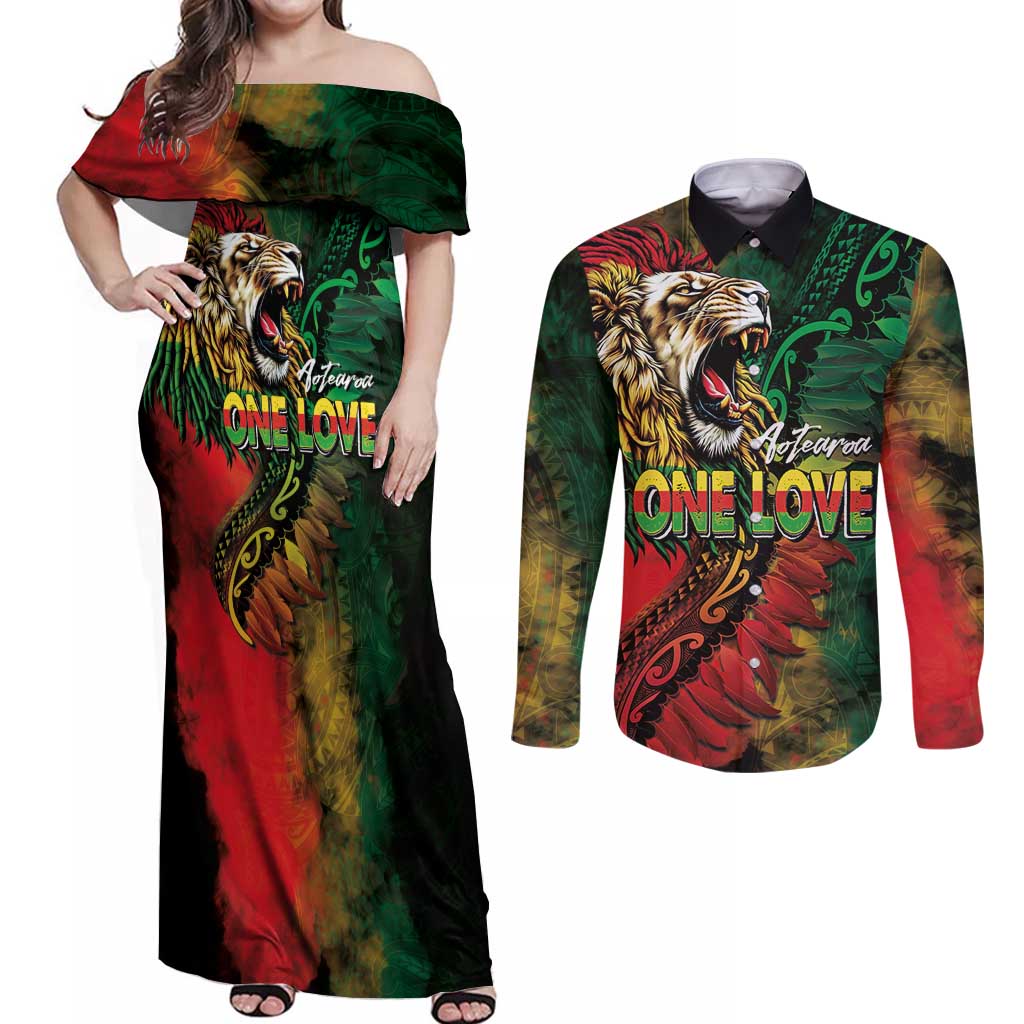 Aotearoa One Love Couples Matching Off Shoulder Maxi Dress and Long Sleeve Button Shirt Reggae Lion with Kakahu Huruhuru LT03 Black - Polynesian Pride