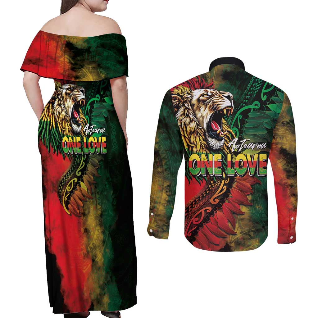 Aotearoa One Love Couples Matching Off Shoulder Maxi Dress and Long Sleeve Button Shirt Reggae Lion with Kakahu Huruhuru LT03 - Polynesian Pride