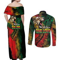Aotearoa One Love Couples Matching Off Shoulder Maxi Dress and Long Sleeve Button Shirt Reggae Lion with Kakahu Huruhuru LT03 - Polynesian Pride