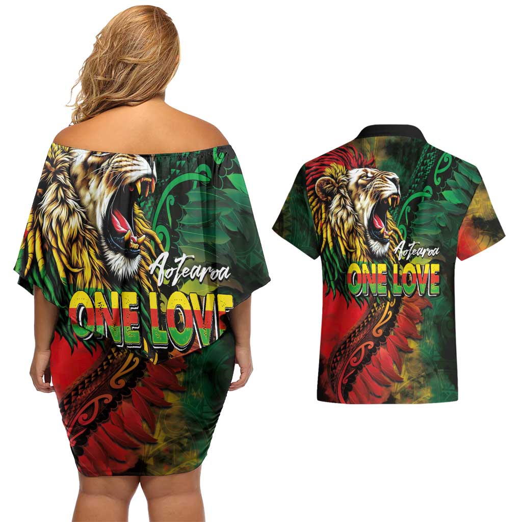 Aotearoa One Love Couples Matching Off Shoulder Short Dress and Hawaiian Shirt Reggae Lion with Kakahu Huruhuru LT03 - Polynesian Pride