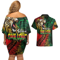 Aotearoa One Love Couples Matching Off Shoulder Short Dress and Hawaiian Shirt Reggae Lion with Kakahu Huruhuru LT03 - Polynesian Pride