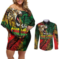 Aotearoa One Love Couples Matching Off Shoulder Short Dress and Long Sleeve Button Shirt Reggae Lion with Kakahu Huruhuru LT03 Black - Polynesian Pride