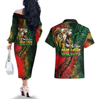 Aotearoa One Love Couples Matching Off The Shoulder Long Sleeve Dress and Hawaiian Shirt Reggae Lion with Kakahu Huruhuru LT03 - Polynesian Pride