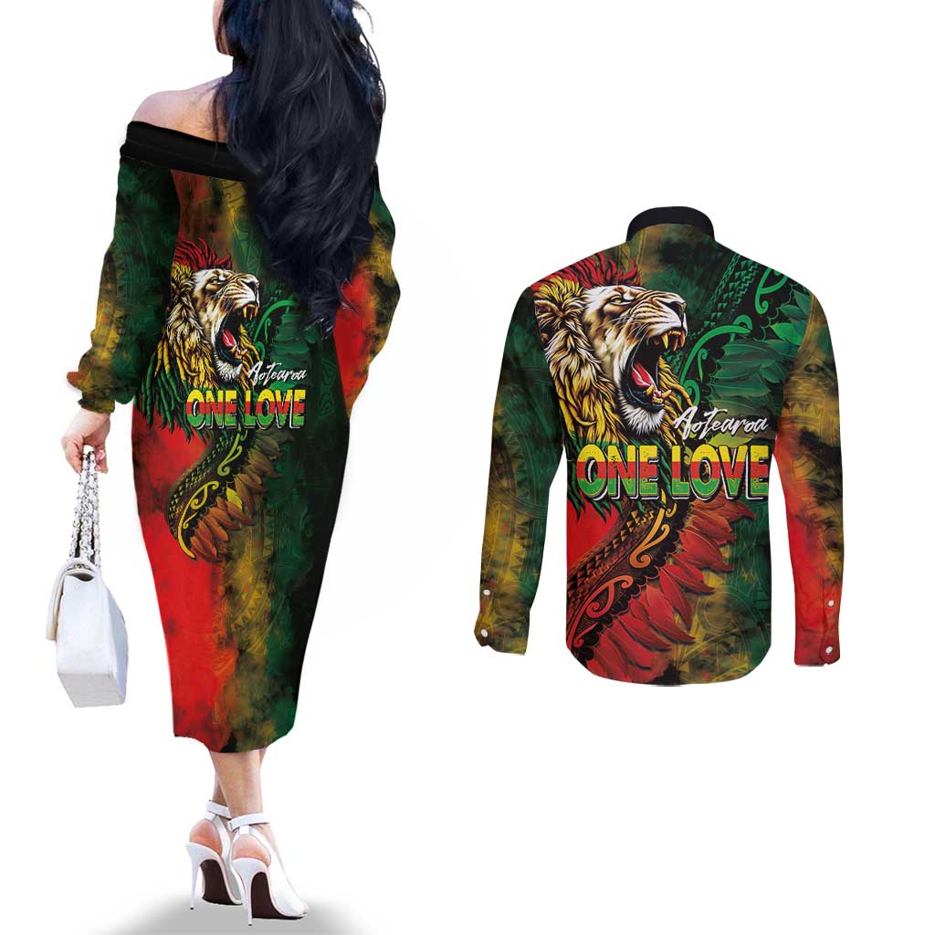 Aotearoa One Love Couples Matching Off The Shoulder Long Sleeve Dress and Long Sleeve Button Shirt Reggae Lion with Kakahu Huruhuru LT03 - Polynesian Pride