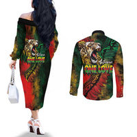 Aotearoa One Love Couples Matching Off The Shoulder Long Sleeve Dress and Long Sleeve Button Shirt Reggae Lion with Kakahu Huruhuru LT03 - Polynesian Pride