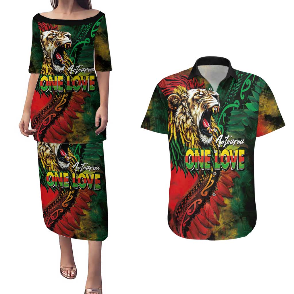 Aotearoa One Love Couples Matching Puletasi and Hawaiian Shirt Reggae Lion with Kakahu Huruhuru LT03 Black - Polynesian Pride