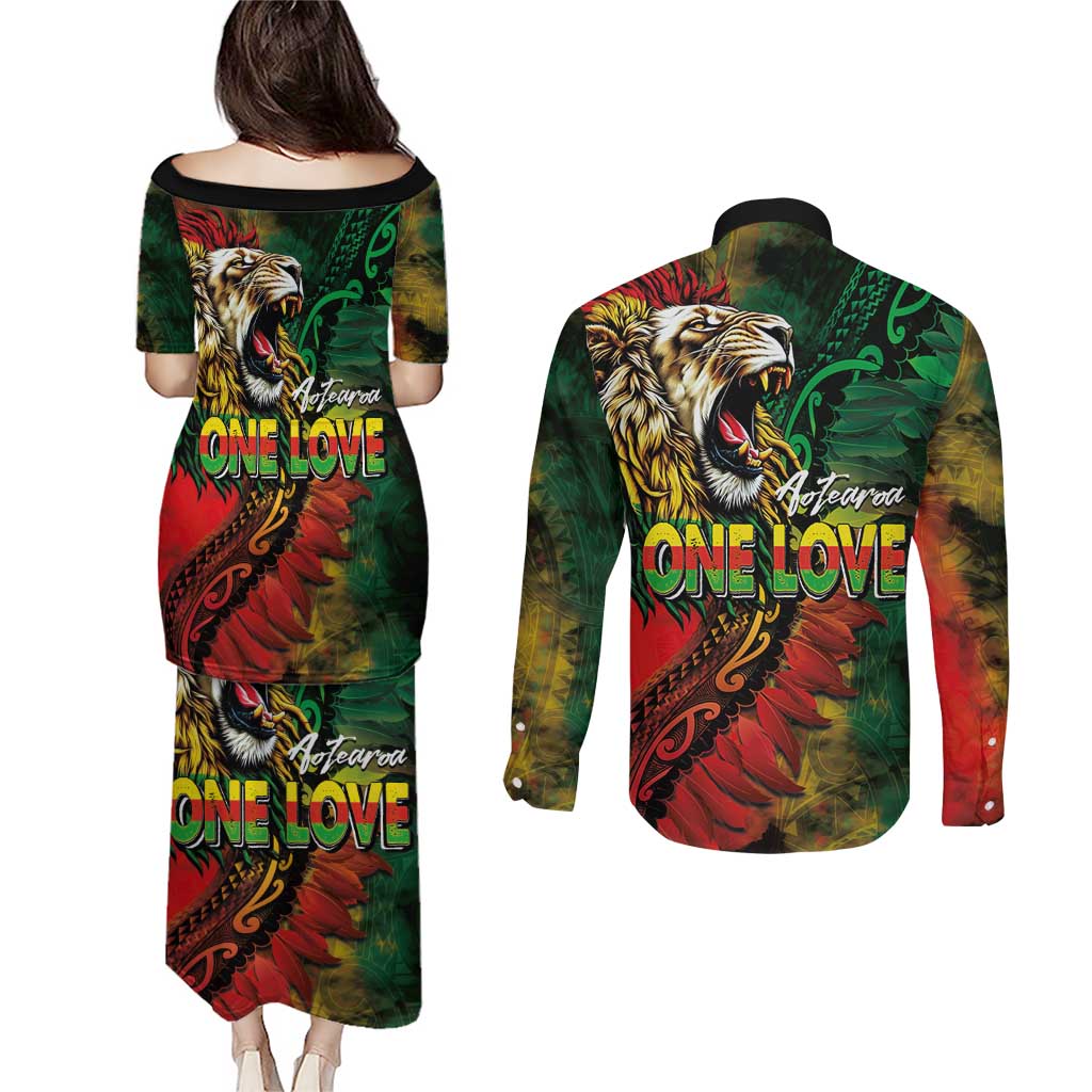Aotearoa One Love Couples Matching Puletasi and Long Sleeve Button Shirt Reggae Lion with Kakahu Huruhuru
