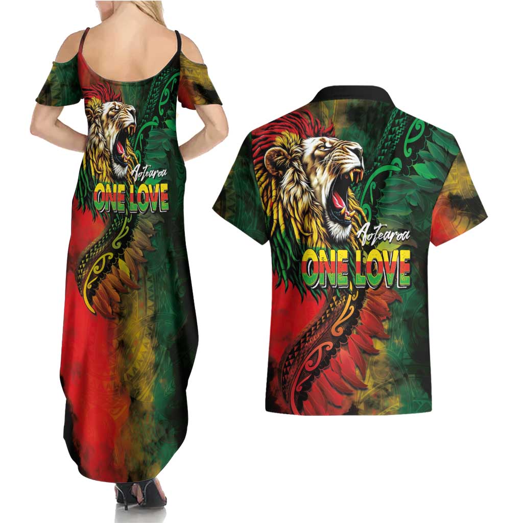 Aotearoa One Love Couples Matching Summer Maxi Dress and Hawaiian Shirt Reggae Lion with Kakahu Huruhuru LT03 - Polynesian Pride