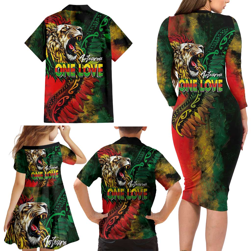 Aotearoa One Love Family Matching Long Sleeve Bodycon Dress and Hawaiian Shirt Reggae Lion with Kakahu Huruhuru LT03 - Polynesian Pride