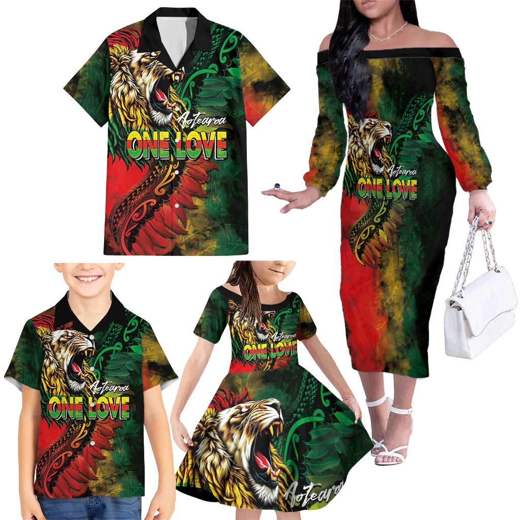 Aotearoa One Love Family Matching Off The Shoulder Long Sleeve Dress and Hawaiian Shirt Reggae Lion with Kakahu Huruhuru
