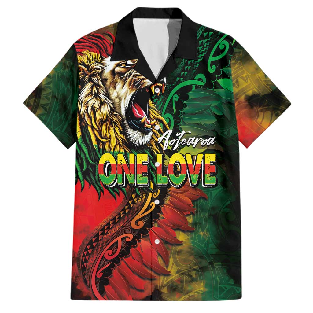 Aotearoa One Love Family Matching Off Shoulder Maxi Dress and Hawaiian Shirt Reggae Lion with Kakahu Huruhuru LT03 Dad's Shirt - Short Sleeve Black - Polynesian Pride