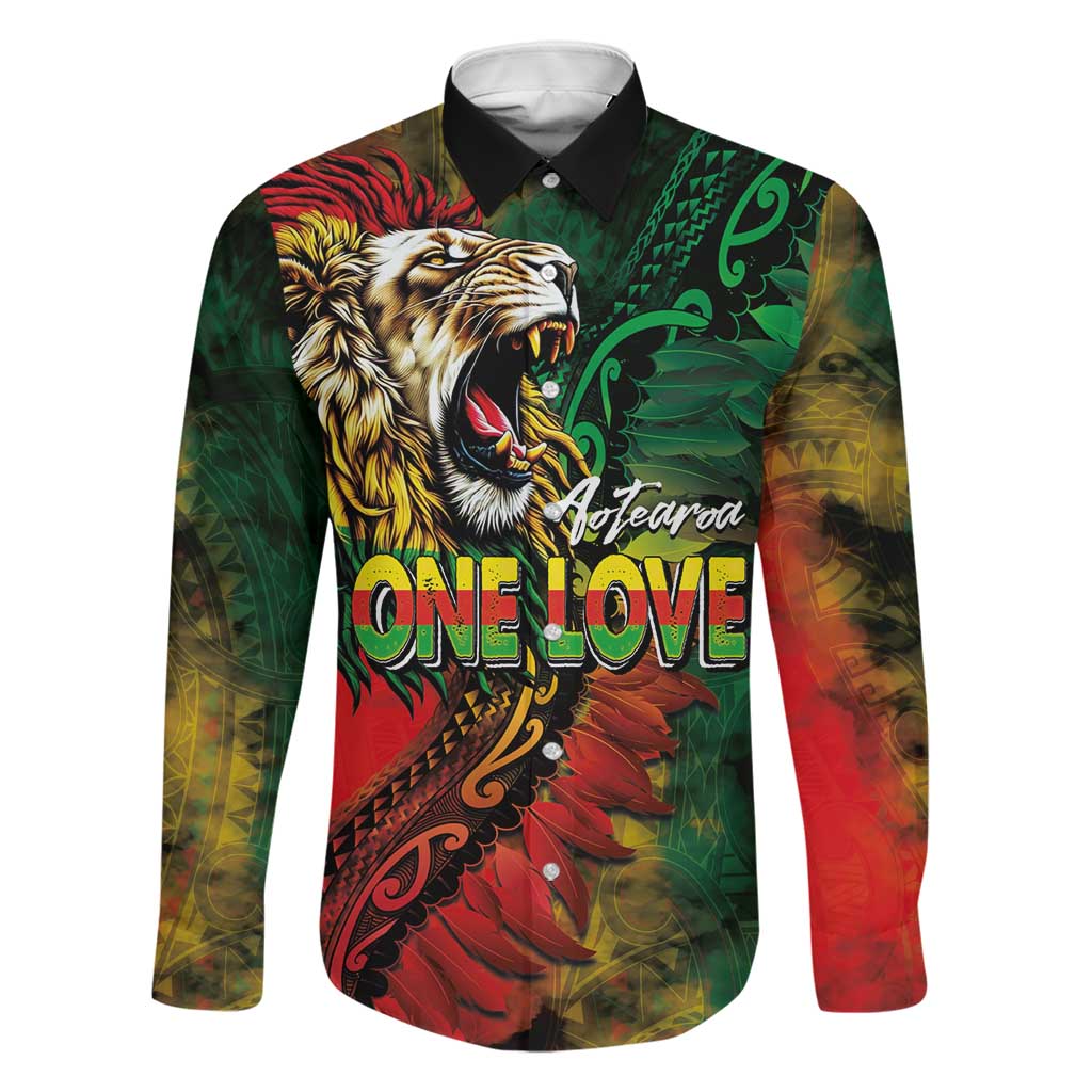 Aotearoa One Love Family Matching Off Shoulder Maxi Dress and Hawaiian Shirt Reggae Lion with Kakahu Huruhuru LT03 Dad's Shirt - Long Sleeve Black - Polynesian Pride