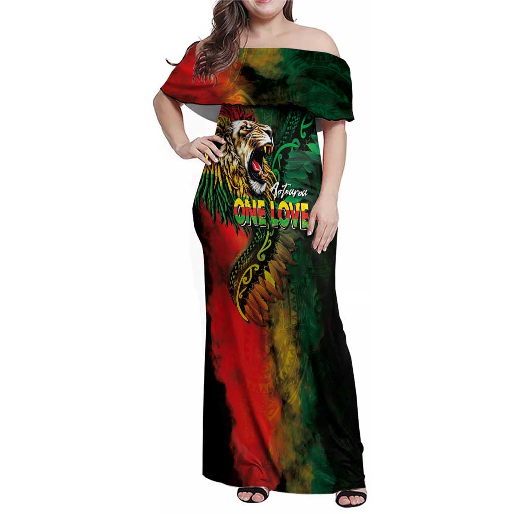 Aotearoa One Love Family Matching Off Shoulder Maxi Dress and Hawaiian Shirt Reggae Lion with Kakahu Huruhuru LT03 Mom's Dress Black - Polynesian Pride