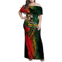 Aotearoa One Love Family Matching Off Shoulder Maxi Dress and Hawaiian Shirt Reggae Lion with Kakahu Huruhuru LT03 Mom's Dress Black - Polynesian Pride