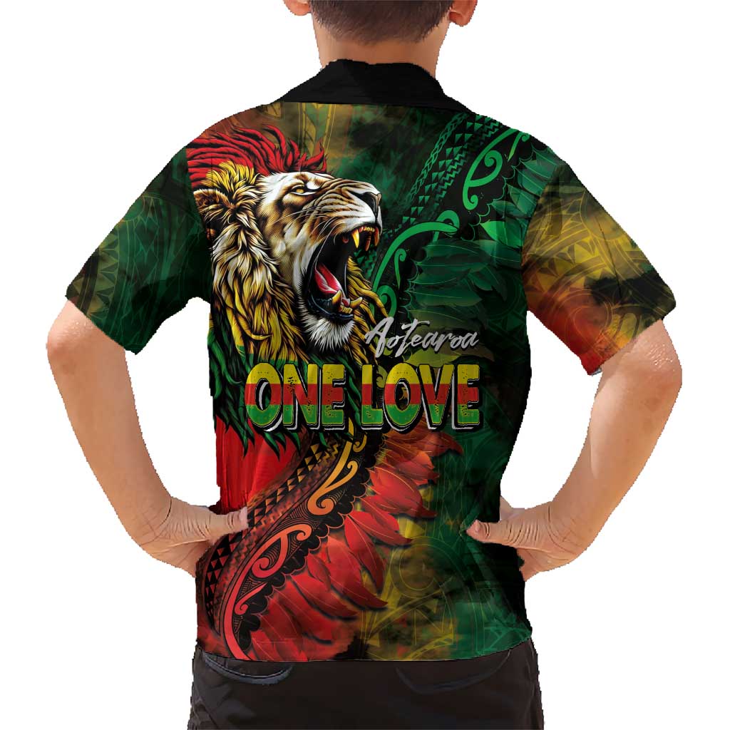 Aotearoa One Love Family Matching Off Shoulder Short Dress and Hawaiian Shirt Reggae Lion with Kakahu Huruhuru LT03 - Polynesian Pride