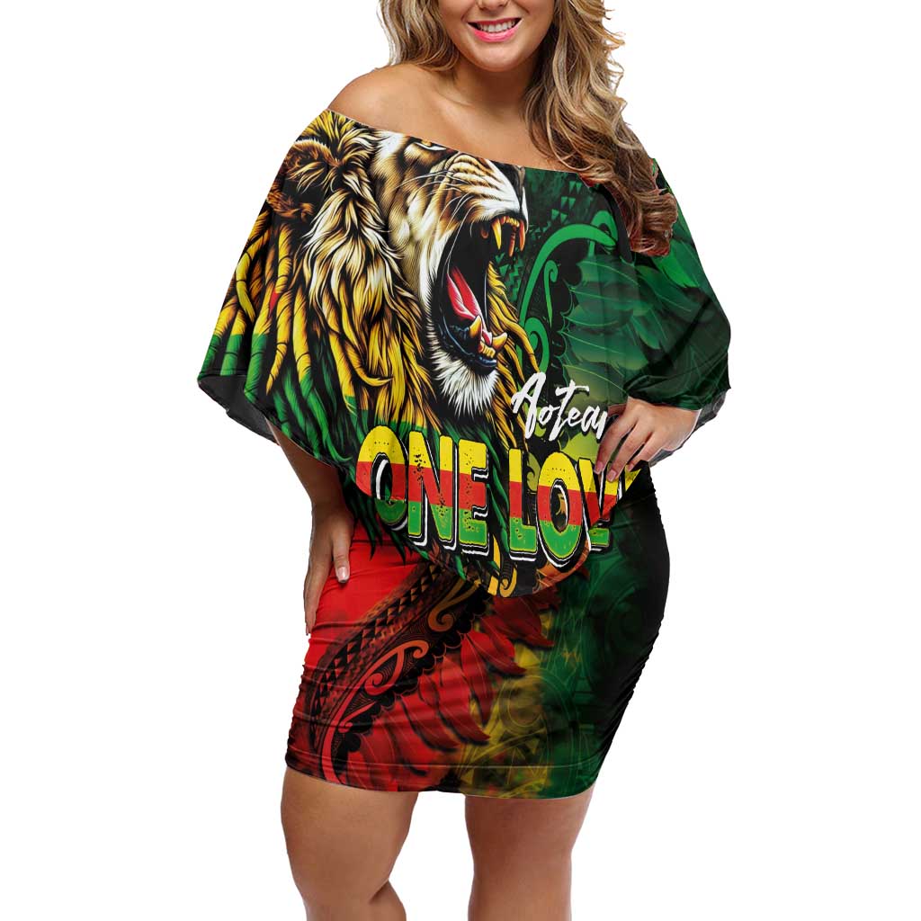 Aotearoa One Love Family Matching Off Shoulder Short Dress and Hawaiian Shirt Reggae Lion with Kakahu Huruhuru LT03 Mom's Dress Black - Polynesian Pride