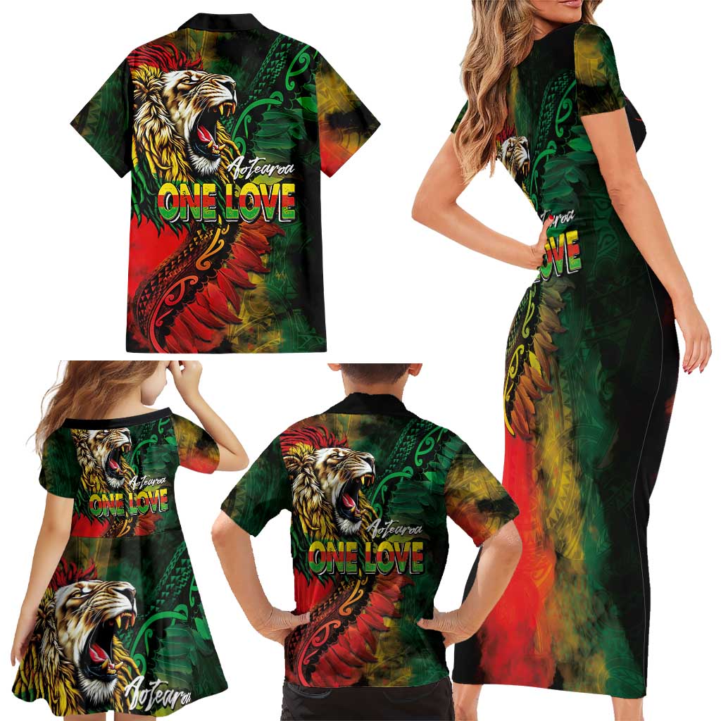 Aotearoa One Love Family Matching Short Sleeve Bodycon Dress and Hawaiian Shirt Reggae Lion with Kakahu Huruhuru LT03 - Polynesian Pride