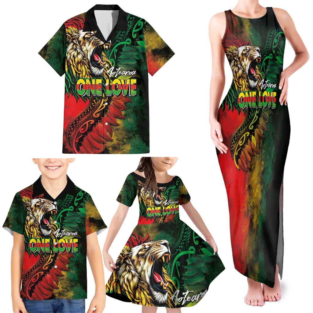 Aotearoa One Love Family Matching Tank Maxi Dress and Hawaiian Shirt Reggae Lion with Kakahu Huruhuru LT03 - Polynesian Pride