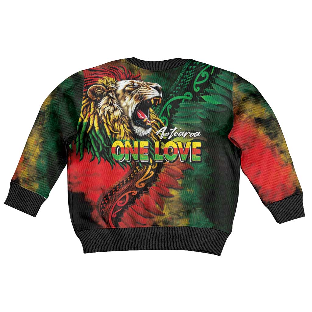 Aotearoa One Love Kid Ugly Christmas Sweater Reggae Lion with Kakahu Huruhuru LT03 - Polynesian Pride