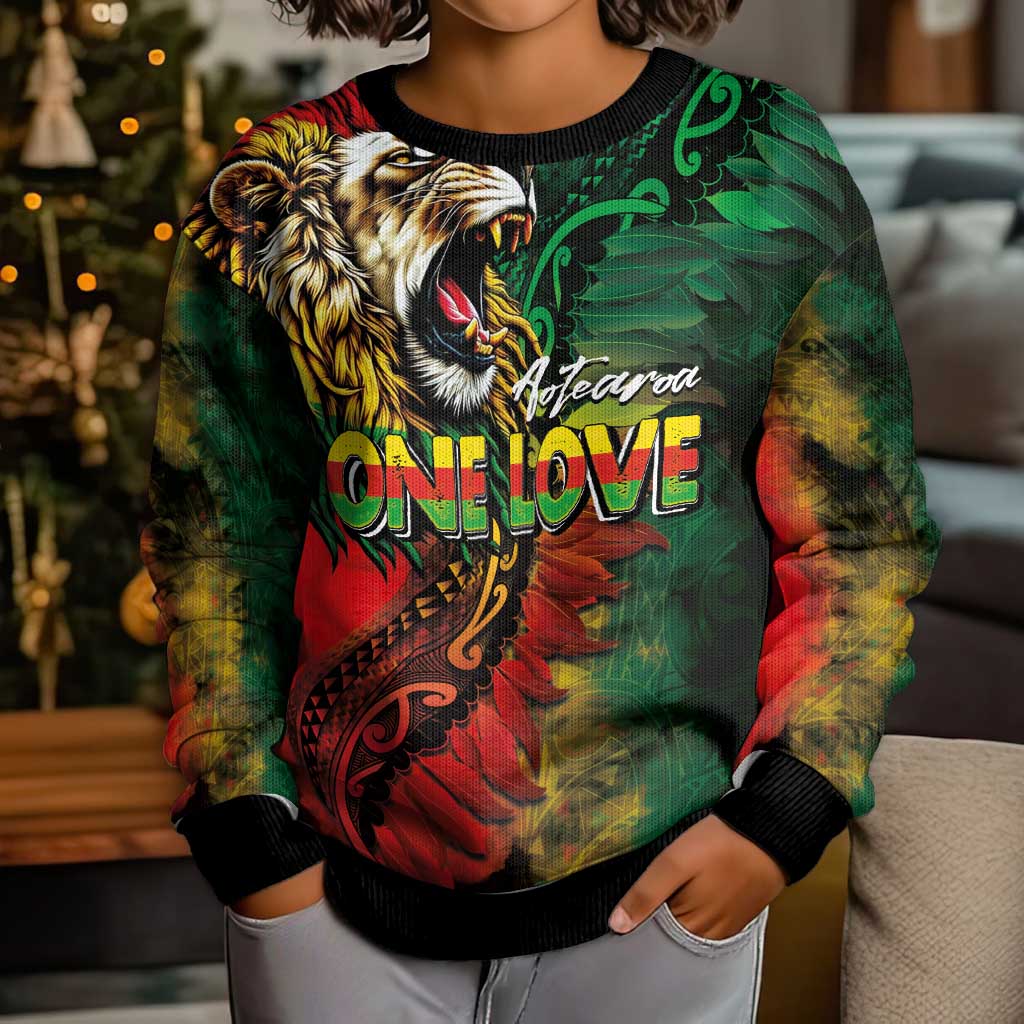 Aotearoa One Love Kid Ugly Christmas Sweater Reggae Lion with Kakahu Huruhuru LT03 - Polynesian Pride