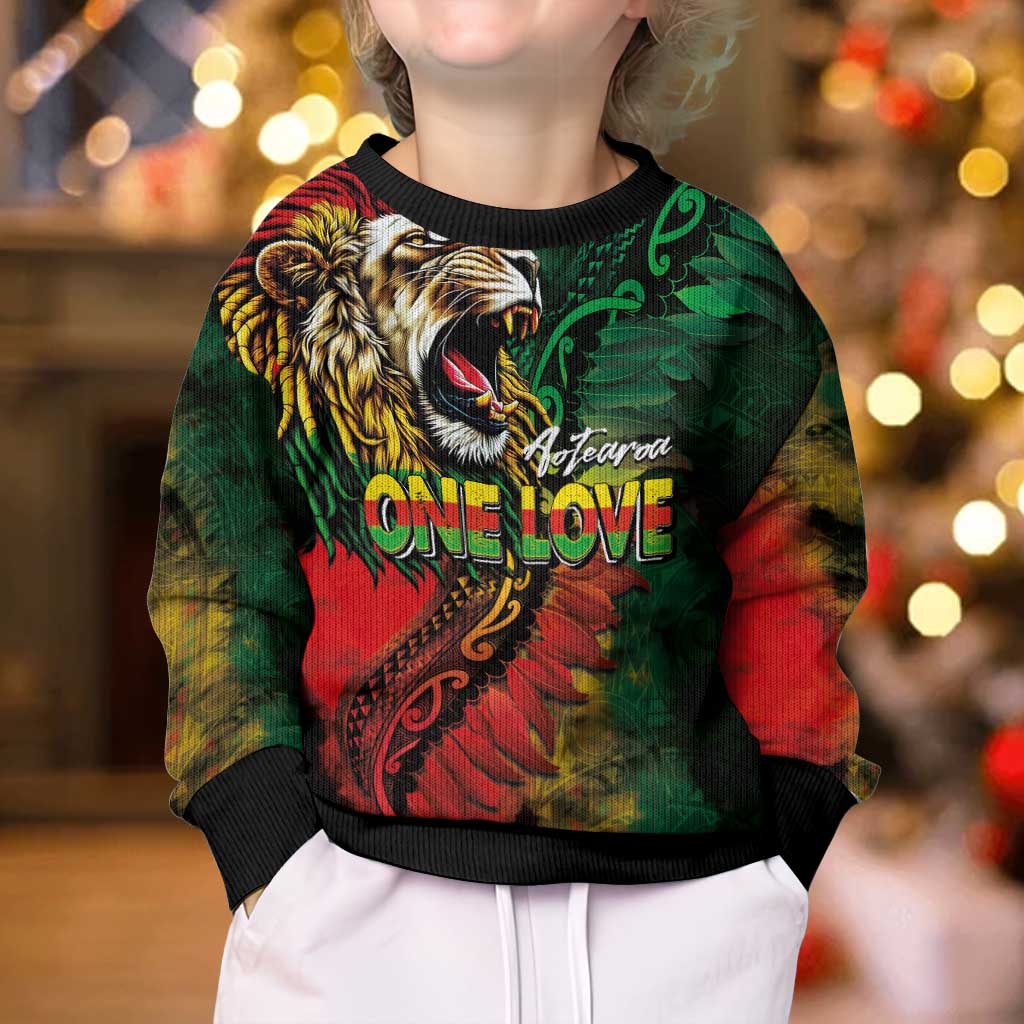 Aotearoa One Love Kid Ugly Christmas Sweater Reggae Lion with Kakahu Huruhuru LT03 - Polynesian Pride