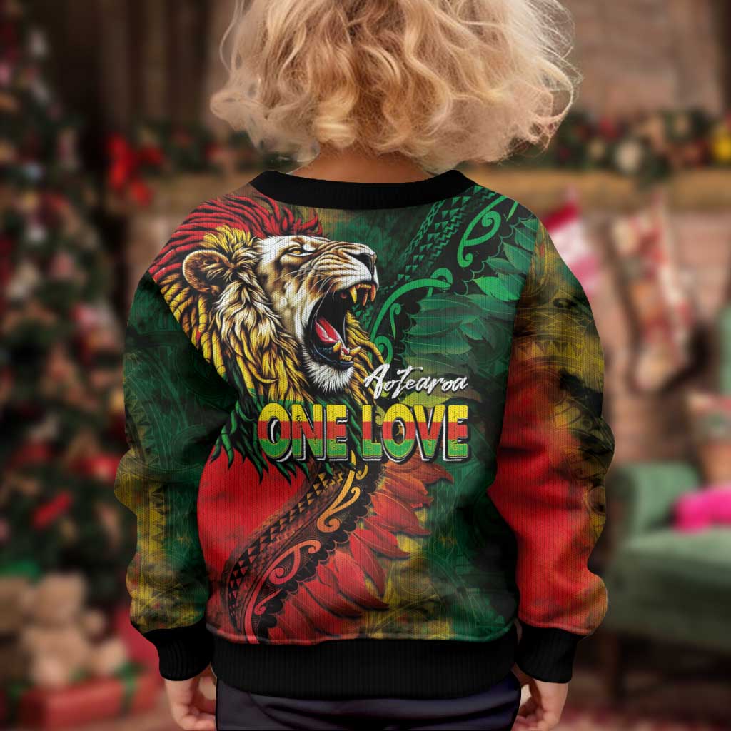 Aotearoa One Love Kid Ugly Christmas Sweater Reggae Lion with Kakahu Huruhuru LT03 - Polynesian Pride