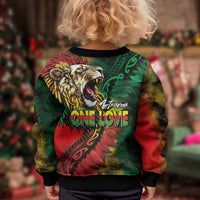 Aotearoa One Love Kid Ugly Christmas Sweater Reggae Lion with Kakahu Huruhuru LT03 - Polynesian Pride