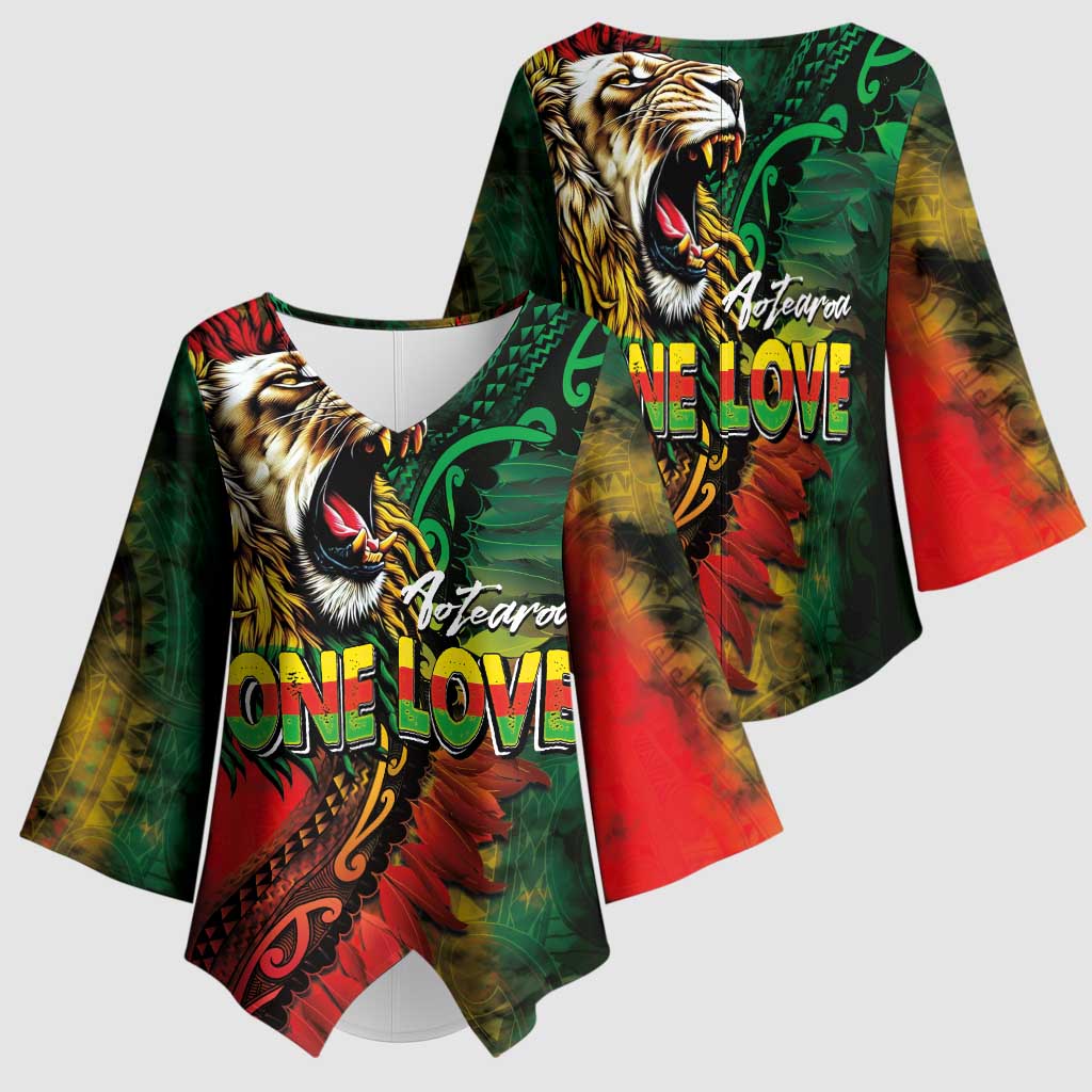 Aotearoa One Love Kimono Sleeve Blouse Reggae Lion with Kakahu Huruhuru