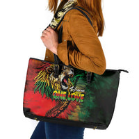 Aotearoa One Love Leather Tote Bag Reggae Lion with Kakahu Huruhuru LT03 Black - Polynesian Pride