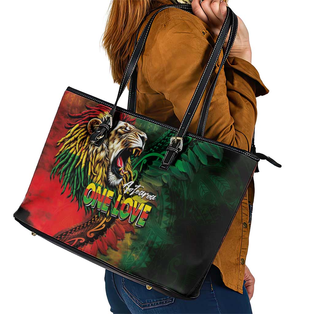 Aotearoa One Love Leather Tote Bag Reggae Lion with Kakahu Huruhuru LT03 - Polynesian Pride