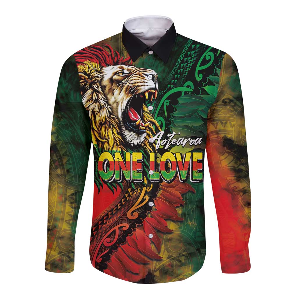 Aotearoa One Love Long Sleeve Button Shirt Reggae Lion with Kakahu Huruhuru