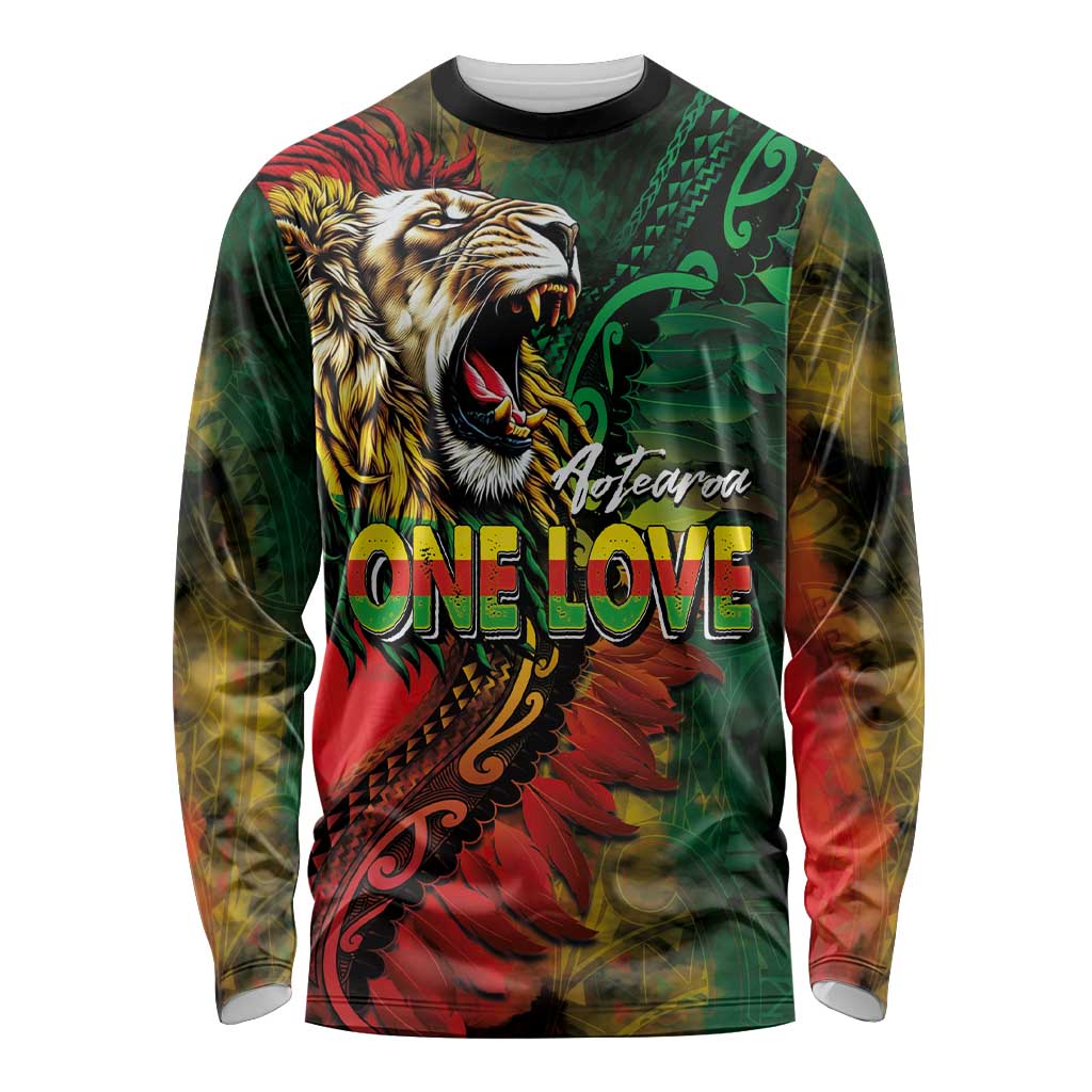 Aotearoa One Love Long Sleeve Shirt Reggae Lion with Kakahu Huruhuru