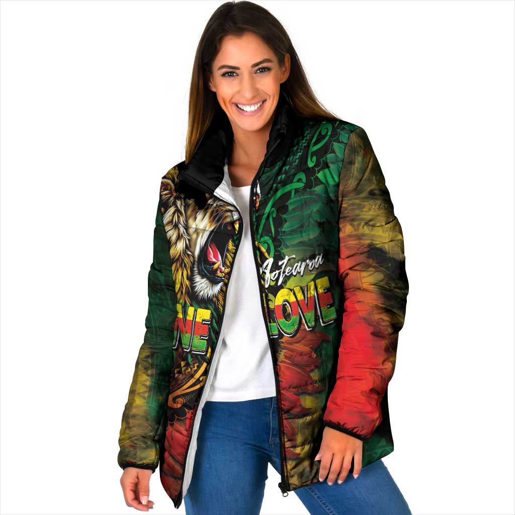 Aotearoa One Love Padded Jacket Reggae Lion with Kakahu Huruhuru