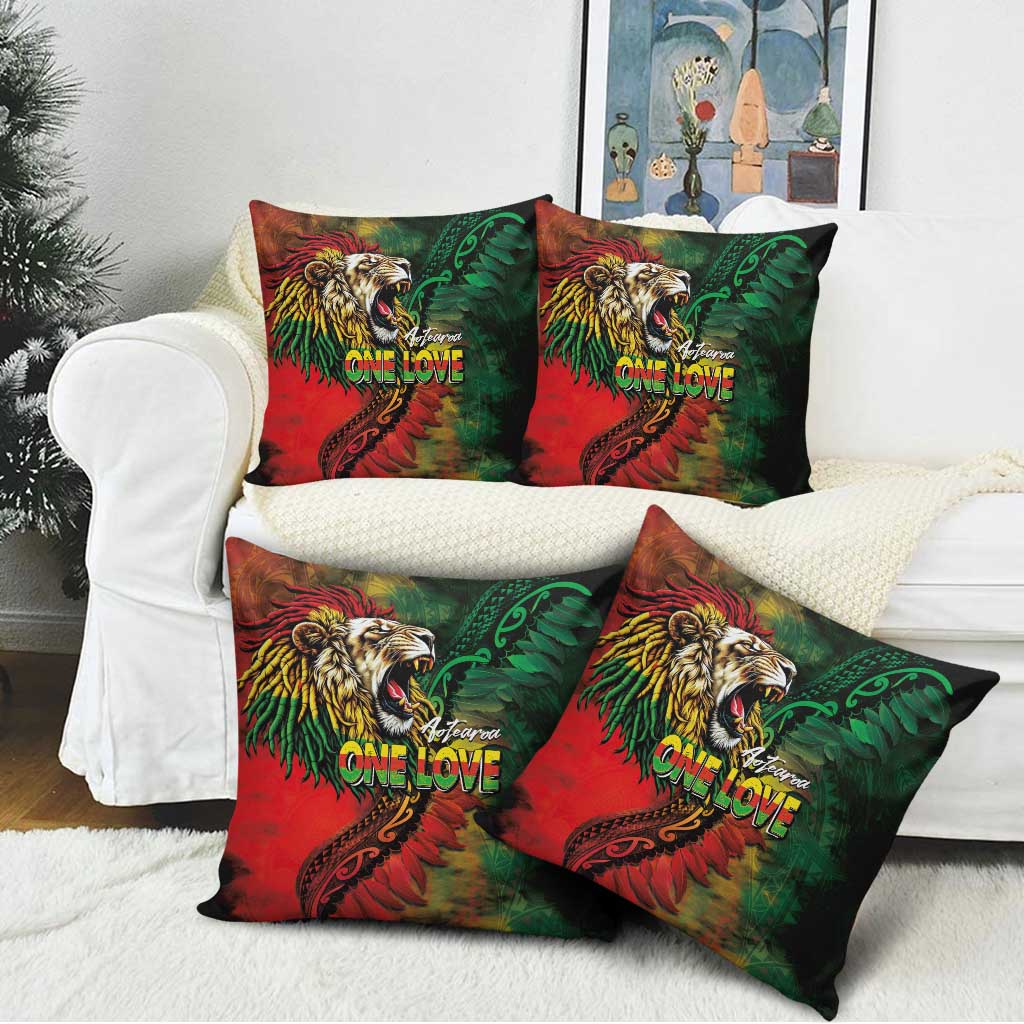 Aotearoa One Love Pillow Cover Reggae Lion with Kakahu Huruhuru